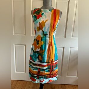 Chetta B Sleeveless Floral Shift Dress in Turquoise, Orange & Yellow